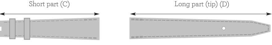 Width (A) at the watch case (lugs). Width (B) at the buckle